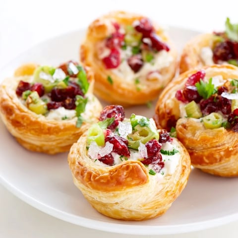 Flaky Cranberry Jalapeño Dip Puff Pastries topped with fresh cilantro and jalapeños.  