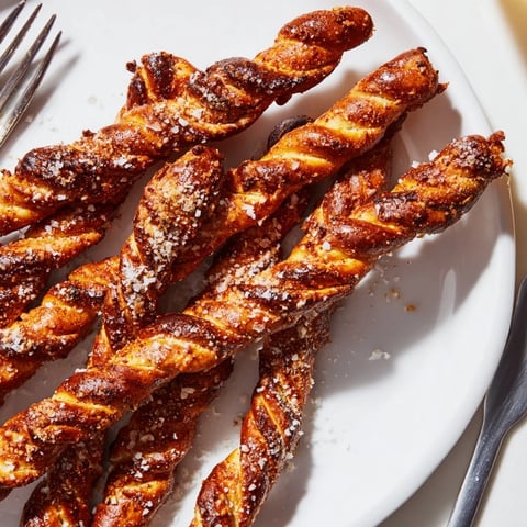 Crispy Flamin Hot Pretzel Biscuit Sticks topped with sea salt are irresistible snacks.