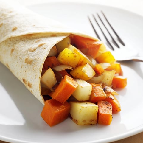 Colorful, Budget-Friendly Roasted Veggie Wraps filled with sweet, tender root vegetables.  