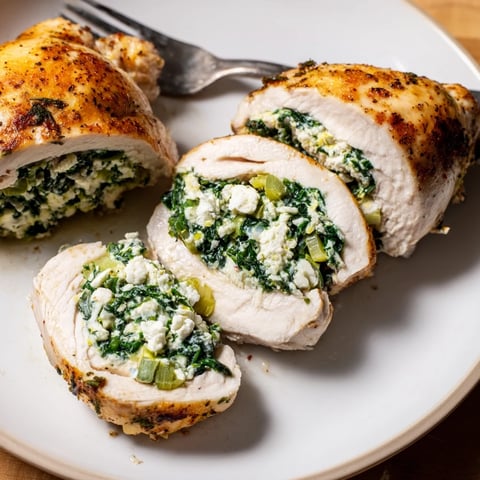 Juicy feta and spinach stuffed chicken, perfectly seasoned and golden brown, enticingly plated.  
