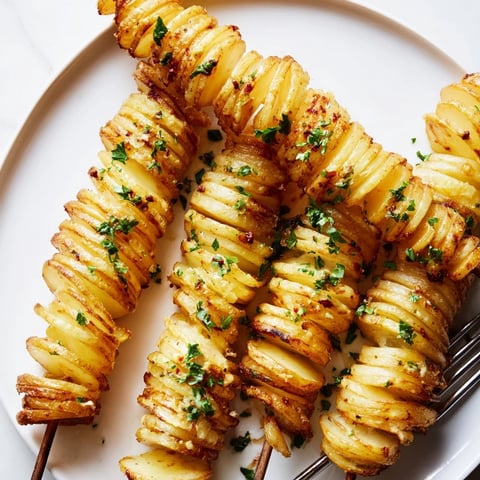 Crispy air-fryer tornado potatoes on skewers, seasoned with garlic and smoked paprika.