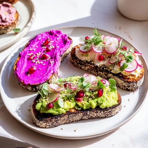 Vibrant bright and bold breakfast toasts topped with ube and fresh avocado.