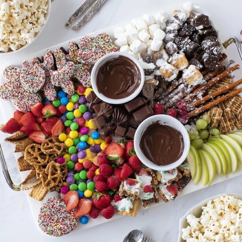 A colorful dessert board with themed snacks and sweet treats for gatherings.  