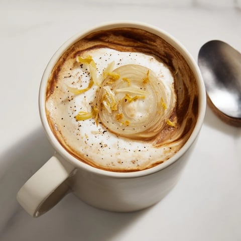 Savory onion latte topped with frothy milk and caramelized onion puree.  