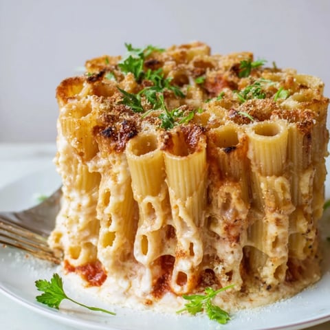 Baked Honeycomb Pasta Cake with rich tomato sauce and creamy cheese filling.  