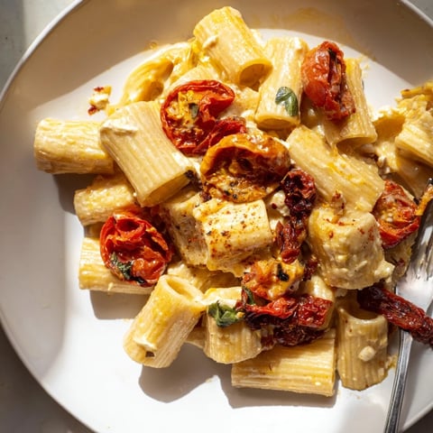 Creamy baked feta pasta topped with caramelized onions and sun-dried tomatoes.