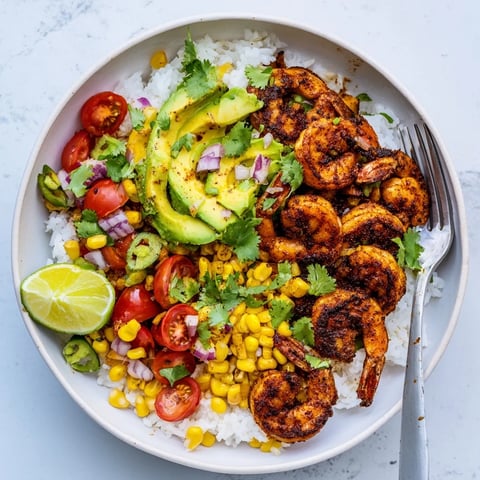 Spicy blackened shrimp bowl topped with creamy avocado corn salsa and fluffy rice.  