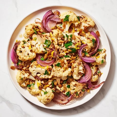 Warm roasted cauliflower salad with lemon dressing, garnished with toasted pine nuts.