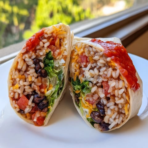 Steaming Rice & Bean Burritos reveal a colorful filling of beans, salsa, and lettuce inside the warm tortilla.