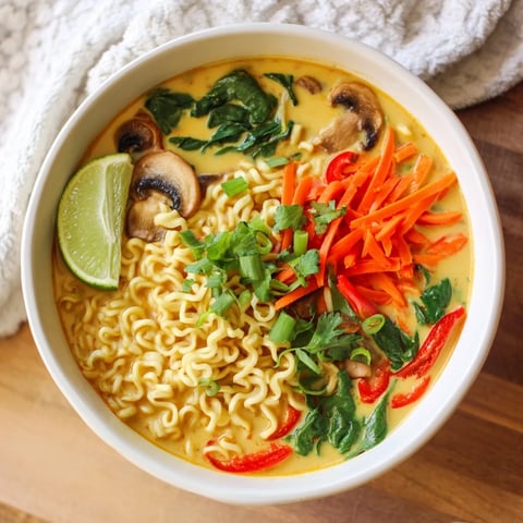 Steaming hot bowl of Curry Coconut Ramen, garnished with fresh cilantro and lime wedges.