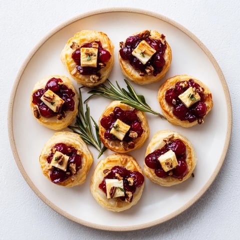 Golden, flaky Cranberry Brie Bites appetizer ready to eat, with melted cheese and vibrant cranberry topping.