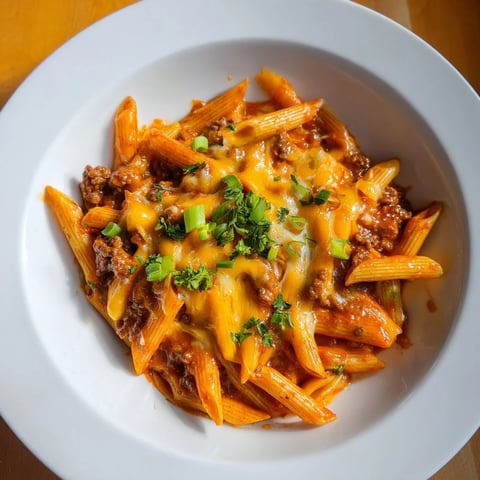 Easy Beef Enchilada Pasta, a one-pot meal, featuring melted cheese and bubbling enchilada sauce.