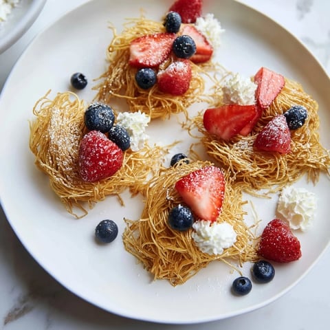 Quick Festive Pancake Spaghetti, ready to eat, topped with vivid berries and powdered sugar.