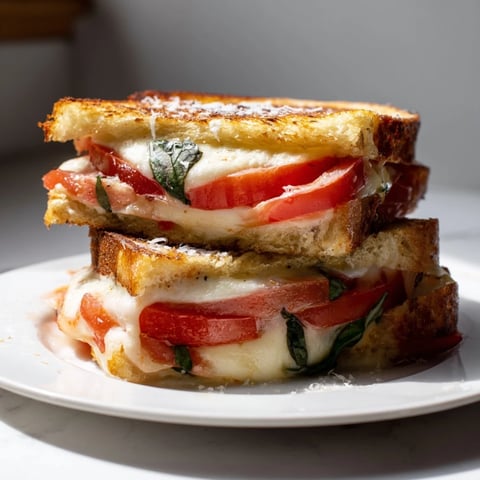 Air Fryer Pizza Margherita Grilled Cheese, golden and bubbly, with melted mozzarella and fresh basil.