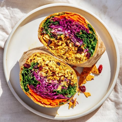 Golden-crisp Sweet Chili Tofu Crunch Wrap, bursting with colorful holiday slaw, ready to enjoy.