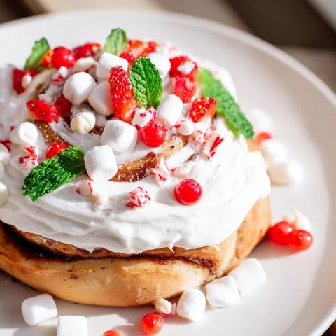Festive North Pole Cinnamon Roll Board with frosted rolls, marshmallows, and mint for a delicious breakfast.