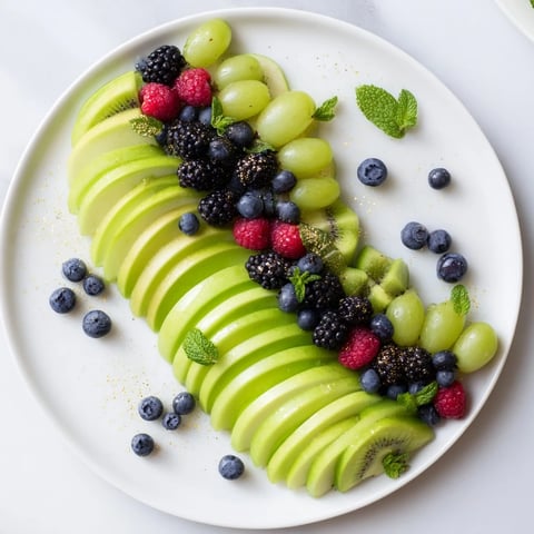 A gorgeous Aurora Borealis Sweep fruit platter glows with fresh green and purple fruits.