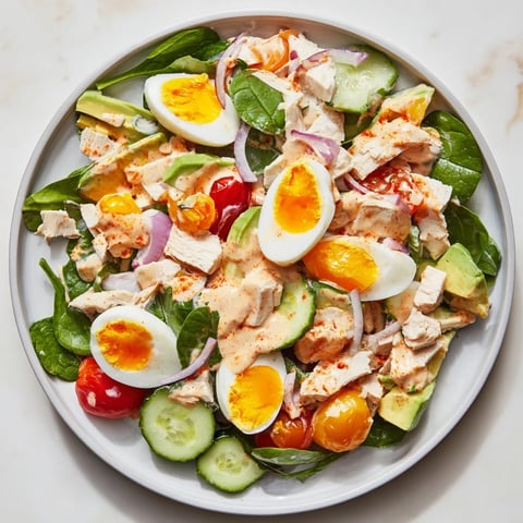 High-Protein Chicken and Egg Salad, a creamy, flavorful dish with fresh tomatoes and herbs.