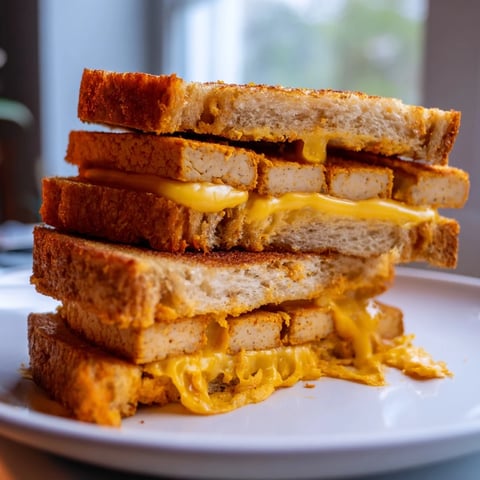 Spicy Crispy Tofu Grilled Cheese with melted vegan cheddar, a perfect easy vegan comfort food.