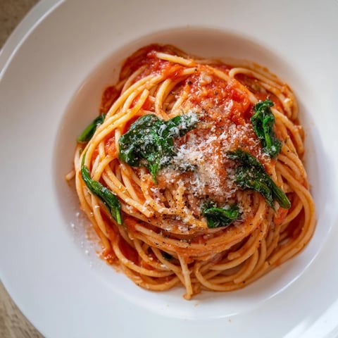 Steaming Quick Marinara Pasta with Spinach, a simple Italian-American meal ready in under 20 minutes.