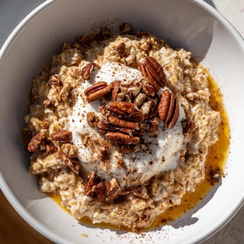 Steaming bowl of Pumpkin Spice Latte Oats, topped with whipped cream and cinnamon.