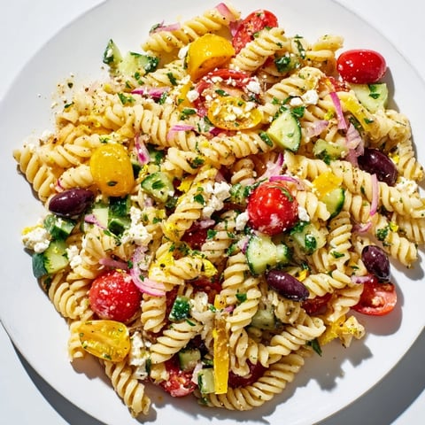 Vibrant Lemon Pasta Salad featuring colorful vegetables and creamy feta cheese, perfect for a picnic.