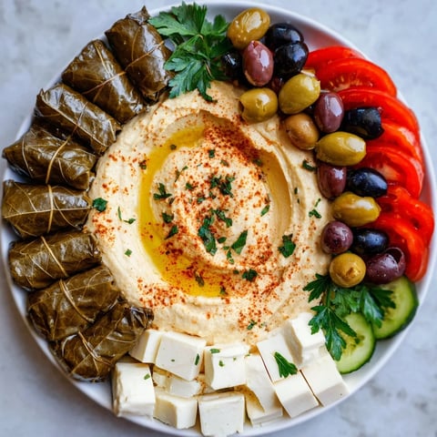 A beautifully arranged Turkish Meze Platter, showcasing creamy hummus and colorful vegetables.