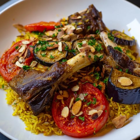 Golden, fluffy rice and tender meat showcase this impressive Palestinian Maqluba dish.