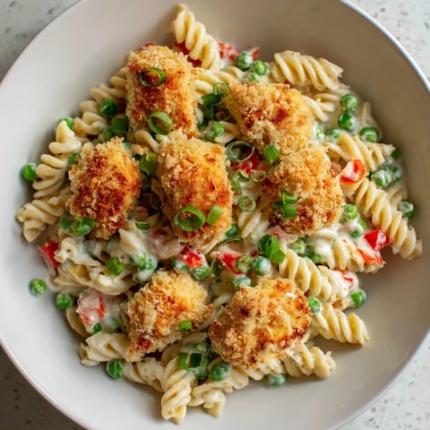 Bright, golden panko-crusted chicken pieces resting on a bed of rotini pasta, sweet peas, and diced red bell pepper, all tossed in a creamy ranch dressing for a satisfying main-dish salad.