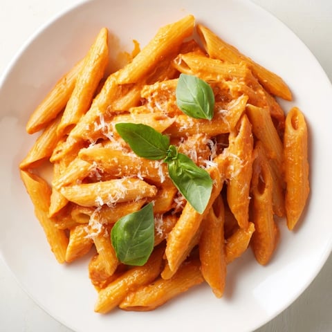 Creamy Roasted Red Pepper Pasta in a white bowl, garnished with fresh basil and grated Parmesan.