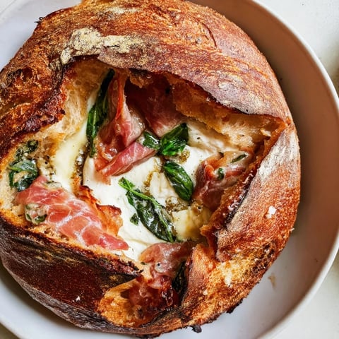 Crispy prosciutto and creamy burrata grilled cheese on golden sourdough, ready to slice and enjoy.