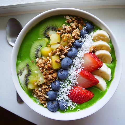 A vibrant green smoothie bowl topped with fresh kiwi, strawberries, and crunchy granola for a refreshing breakfast.