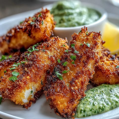Golden-baked Haddock Goujons With Parmesan Crust are arranged beside bright pea pesto and lemon wedges.