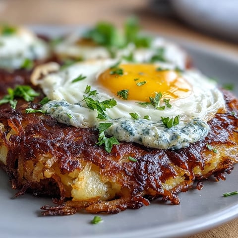 Crisp golden Celeriac Rösti with Harissa Yogurt and Fried Eggs, topped with fresh parsley for a vibrant, savory brunch plate.