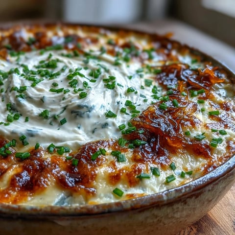 Golden, bubbly Smoked Gouda & Onion Dip fresh from the oven with chopped chives on top.