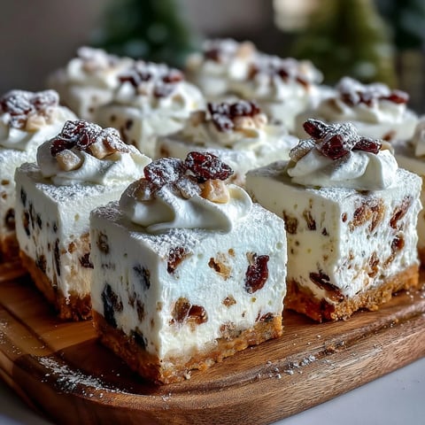 Warm Christmas Cheesecake Slab squares topped with whipped cream and snowy icing sugar dusting.