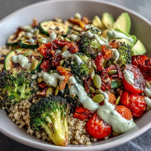 Roasted broccoli and cherry tomatoes give this Vegetable and Legume Bowl vibrant color beside creamy avocado slices and a drizzle of tahini dressing.