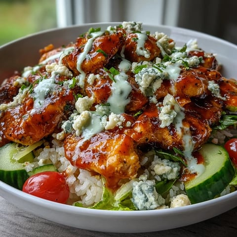 Golden brown buffalo chicken pieces nestled on a bed of rice, crisp romaine, and bright cherry tomatoes with creamy ranch drizzle.