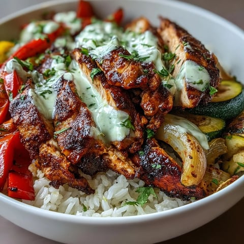 Perfectly blackened chicken slices rest on fluffy white rice, topped with colorful sautéed peppers, zucchini, and onions, all drizzled with creamy lime crema.