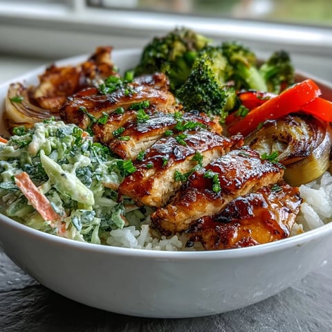 Vibrant BBQ Chicken Bowl with fluffy rice, crisp coleslaw, and golden roasted vegetables ready to serve.