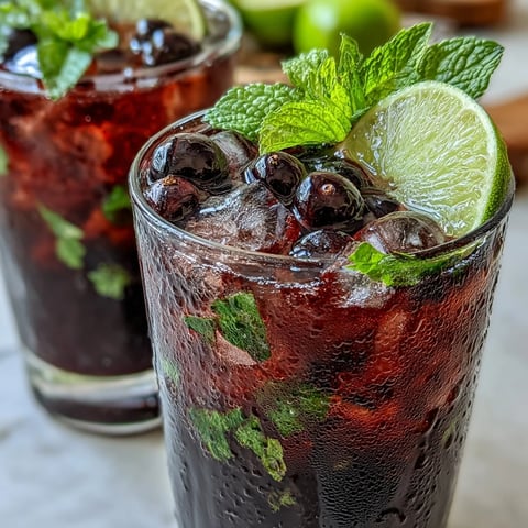 Garnished Tangy Blackcurrant Mojito with fresh mint, lime slices, and blackcurrants in a highball glass over ice.