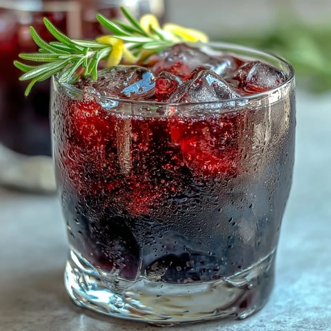 A chilled rocks glass of Black Currant Rosemary Cocktail with a fresh herb garnish and clear amber liquid over ice.