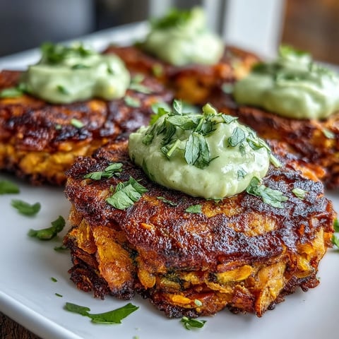 Golden-brown Crispy Sweet Potato & Red Lentil Patties on a plate with creamy avocado cilantro sauce for dipping.