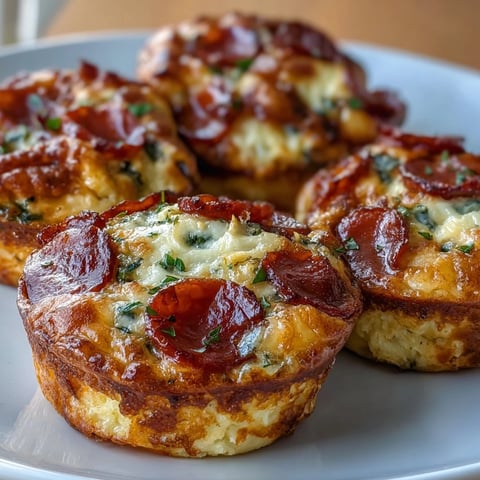 Golden-brown High-Protein Pepperoni Breakfast Cups, fresh from the oven with melted mozzarella and pepperoni peeking through fluffy egg.