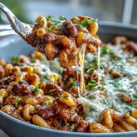 Cheesy One-Pot Tex-Mex Chili Mac with Corn bubbling in a Dutch oven, topped with fresh cilantro and melted cheddar.