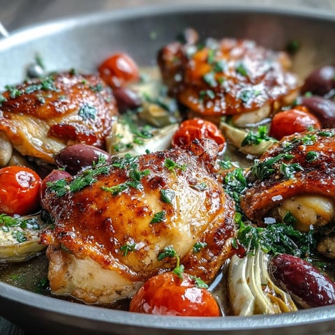 Golden-brown One-Pan Mediterranean Chicken with Olives and Artichokes bubbling in a skillet with fresh parsley garnish.