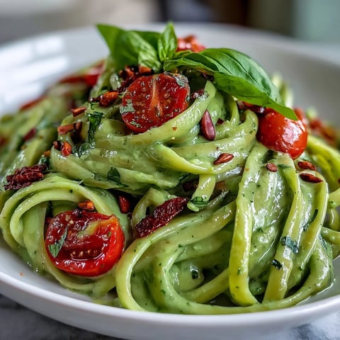 Creamy Vegan Avocado Lime Pasta with Cherry Tomatoes served fresh with basil and pine nuts.