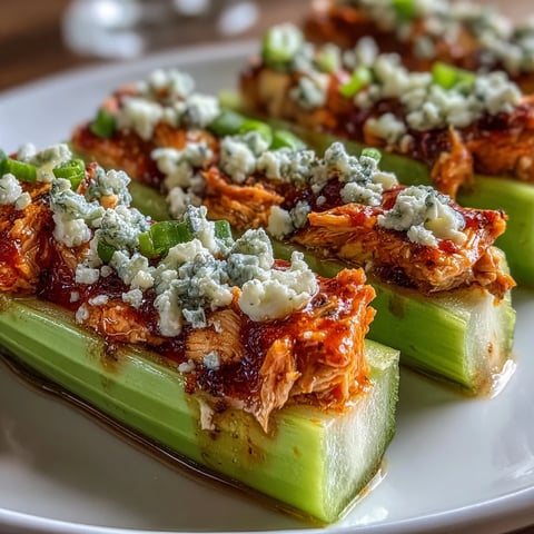 Crunchy celery boats stuffed with spicy buffalo chicken and topped with tangy blue cheese crumbles for a zesty keto appetizer.