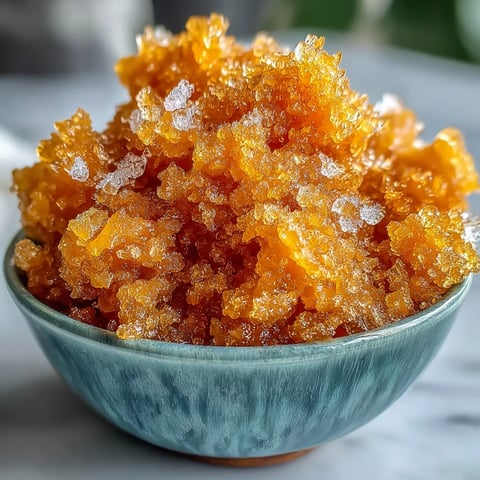 Vibrant mango sorbet granita with delicate icy crystals and tropical aroma, perfect for hot summer days.