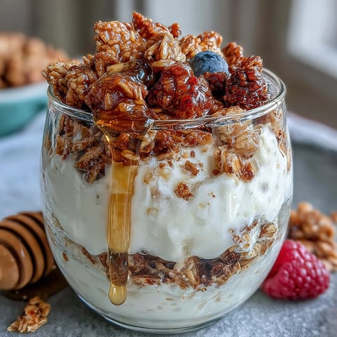 Creamy Greek yogurt parfait layered with crunchy granola and drizzled with salted honey, topped with fresh berries.  